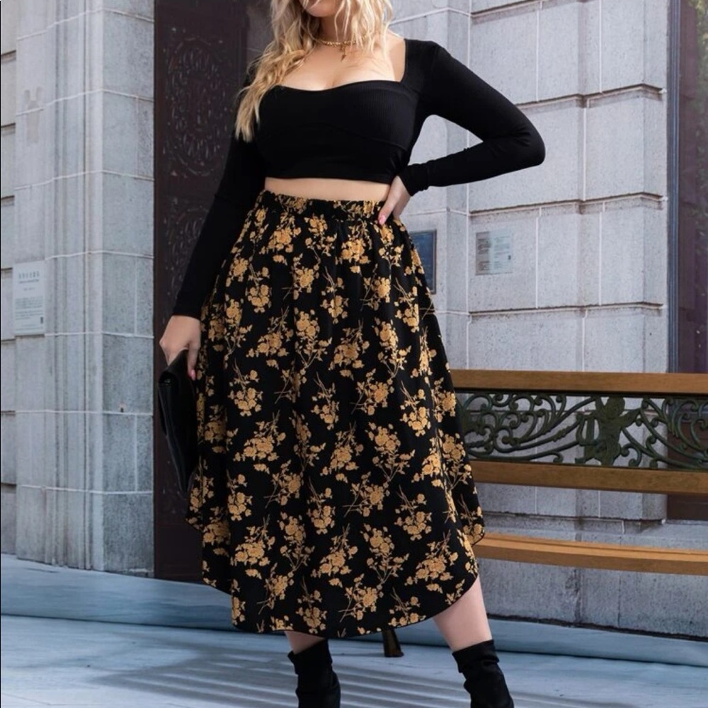 Boho black orange   plus size floral print  skirt